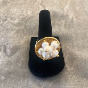 Gold Tone Faux Pearl Cluster Statement Ring Size 6, adjustable